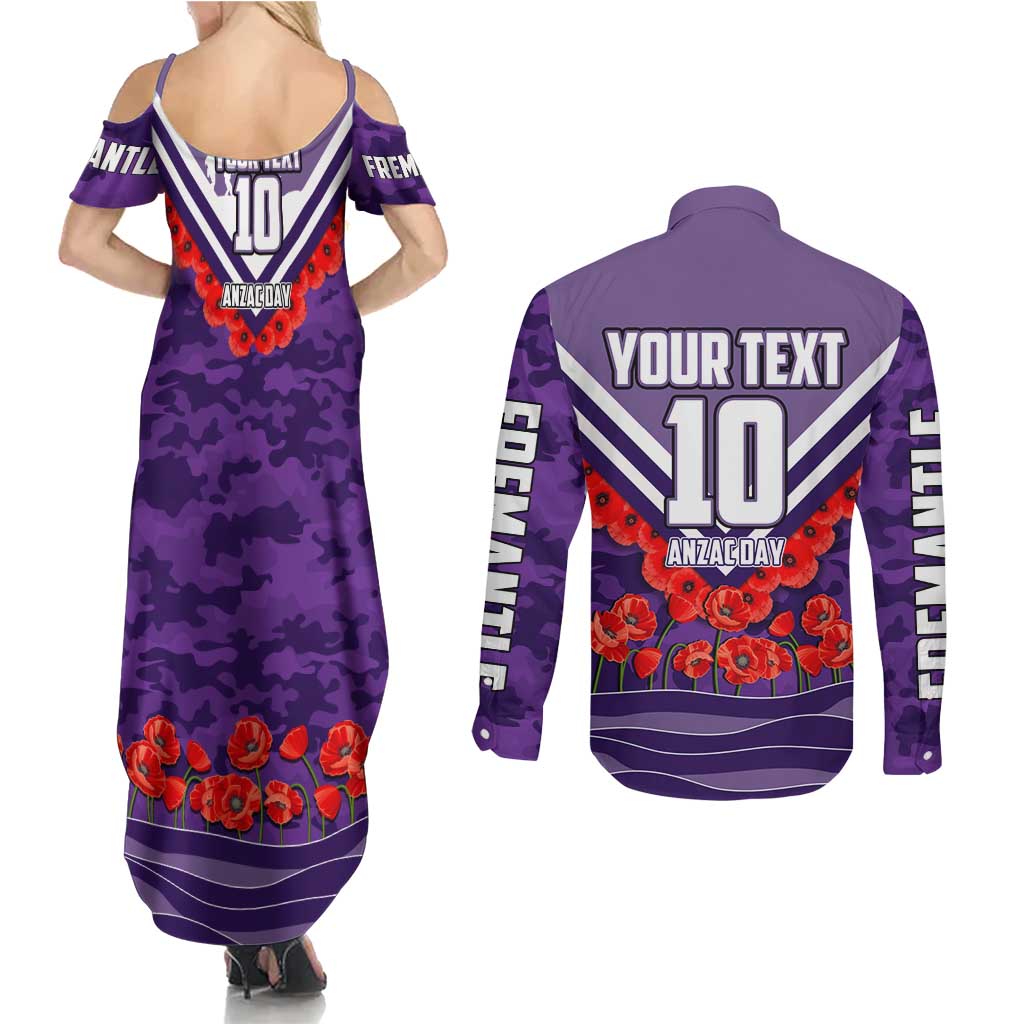 Personalised Fremantle Dockers ANZAC Couples Matching Summer Maxi Dress and Long Sleeve Button Shirt Military Remembrance Australian Football Mascot Camouflage