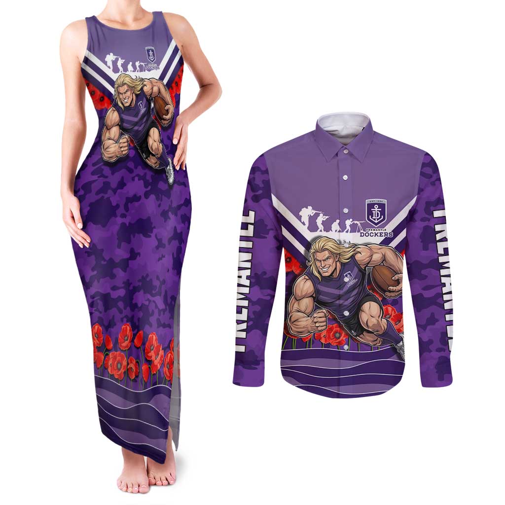 Personalised Fremantle Dockers ANZAC Couples Matching Tank Maxi Dress and Long Sleeve Button Shirt Military Remembrance Australian Football Mascot Camouflage