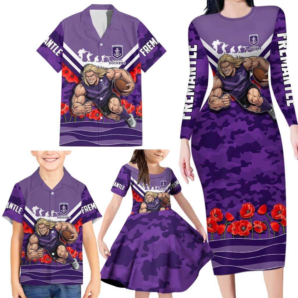 Personalised Fremantle Dockers ANZAC Family Matching Long Sleeve Bodycon Dress and Hawaiian Shirt Military Remembrance Australian Football Mascot Camouflage