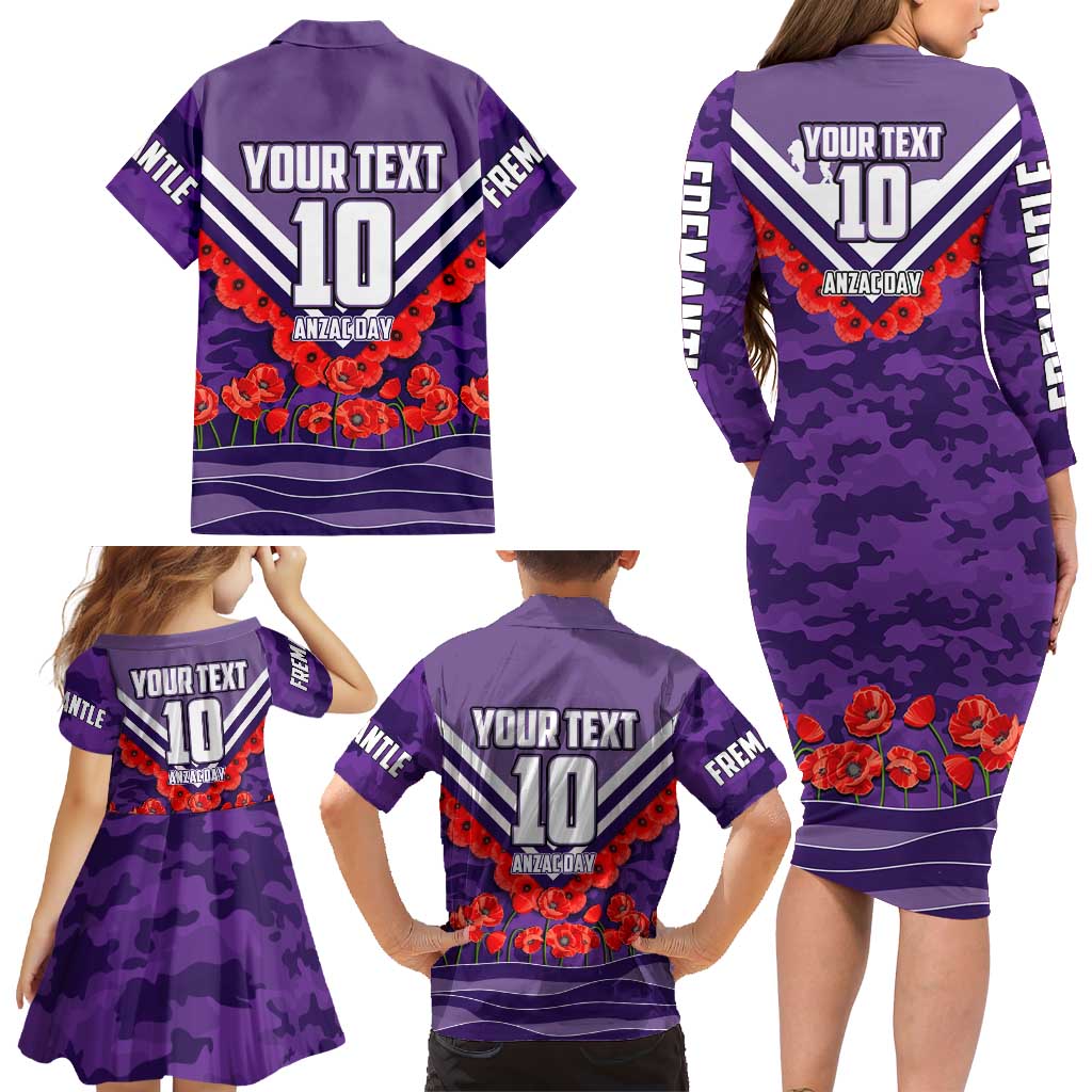 Personalised Fremantle Dockers ANZAC Family Matching Long Sleeve Bodycon Dress and Hawaiian Shirt Military Remembrance Australian Football Mascot Camouflage