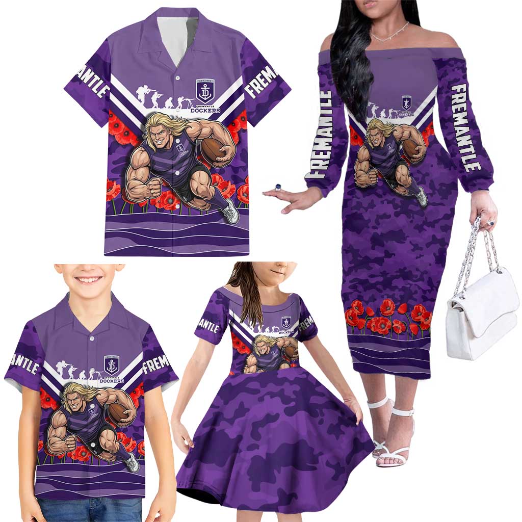 Personalised Fremantle Dockers ANZAC Family Matching Off The Shoulder Long Sleeve Dress and Hawaiian Shirt Military Remembrance Australian Football Mascot Camouflage