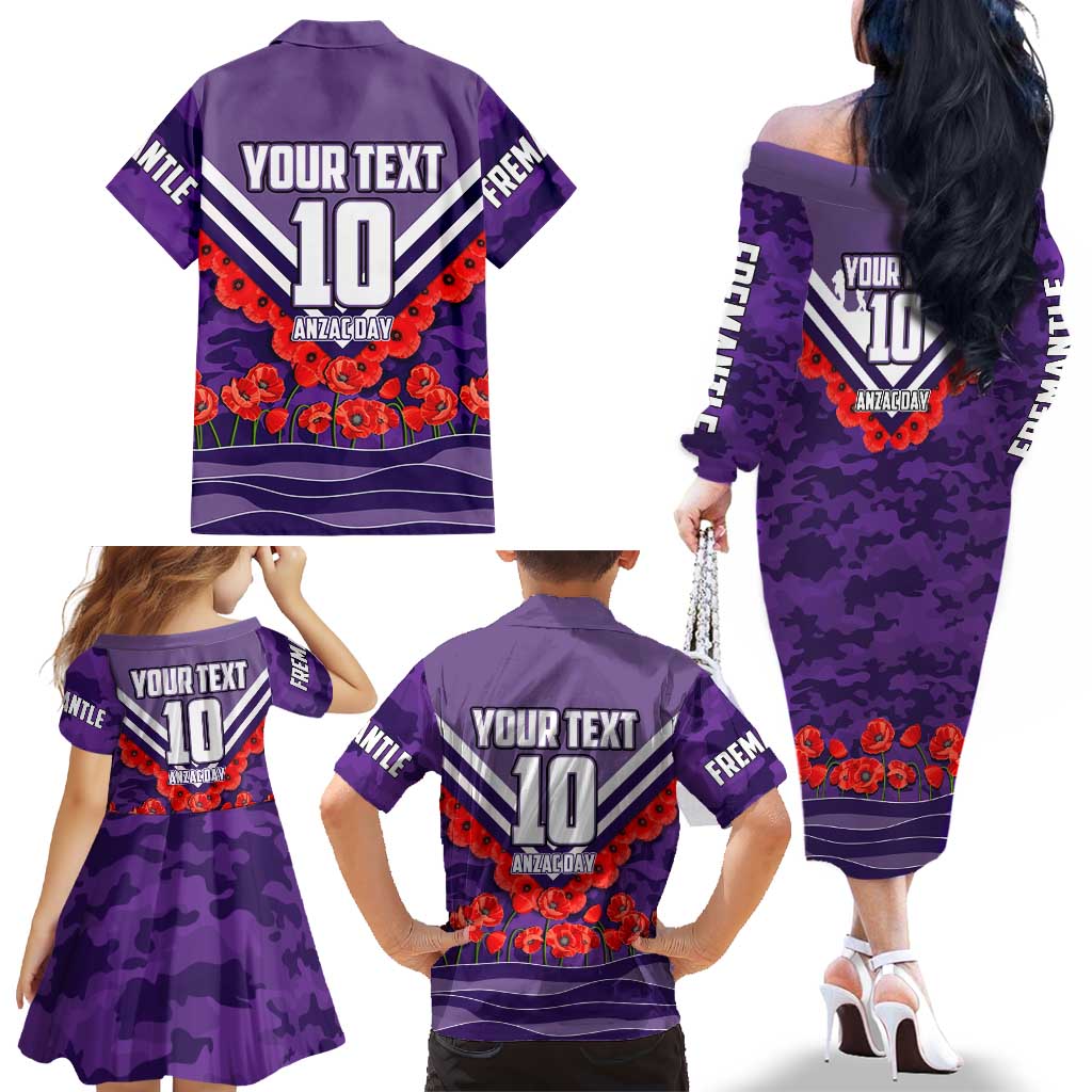 Personalised Fremantle Dockers ANZAC Family Matching Off The Shoulder Long Sleeve Dress and Hawaiian Shirt Military Remembrance Australian Football Mascot Camouflage