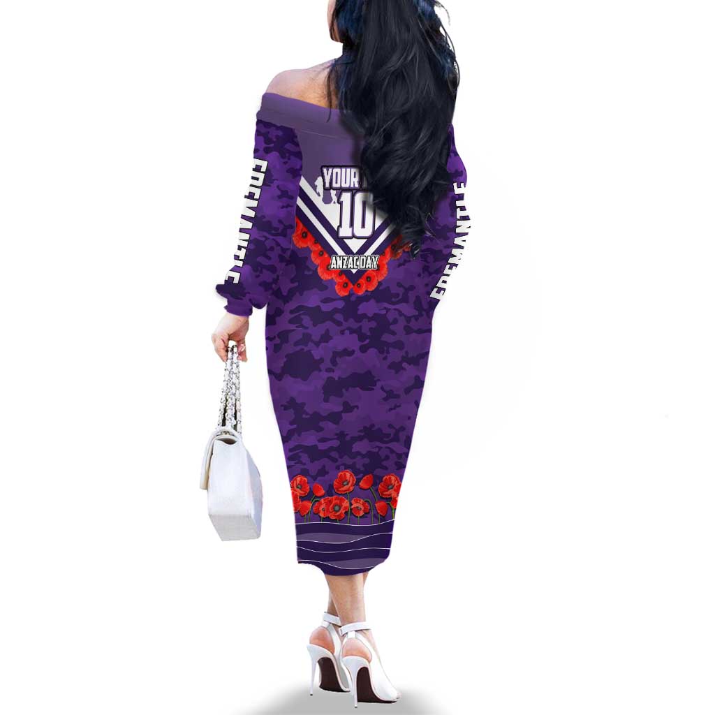 Personalised Fremantle Dockers ANZAC Family Matching Off The Shoulder Long Sleeve Dress and Hawaiian Shirt Military Remembrance Australian Football Mascot Camouflage