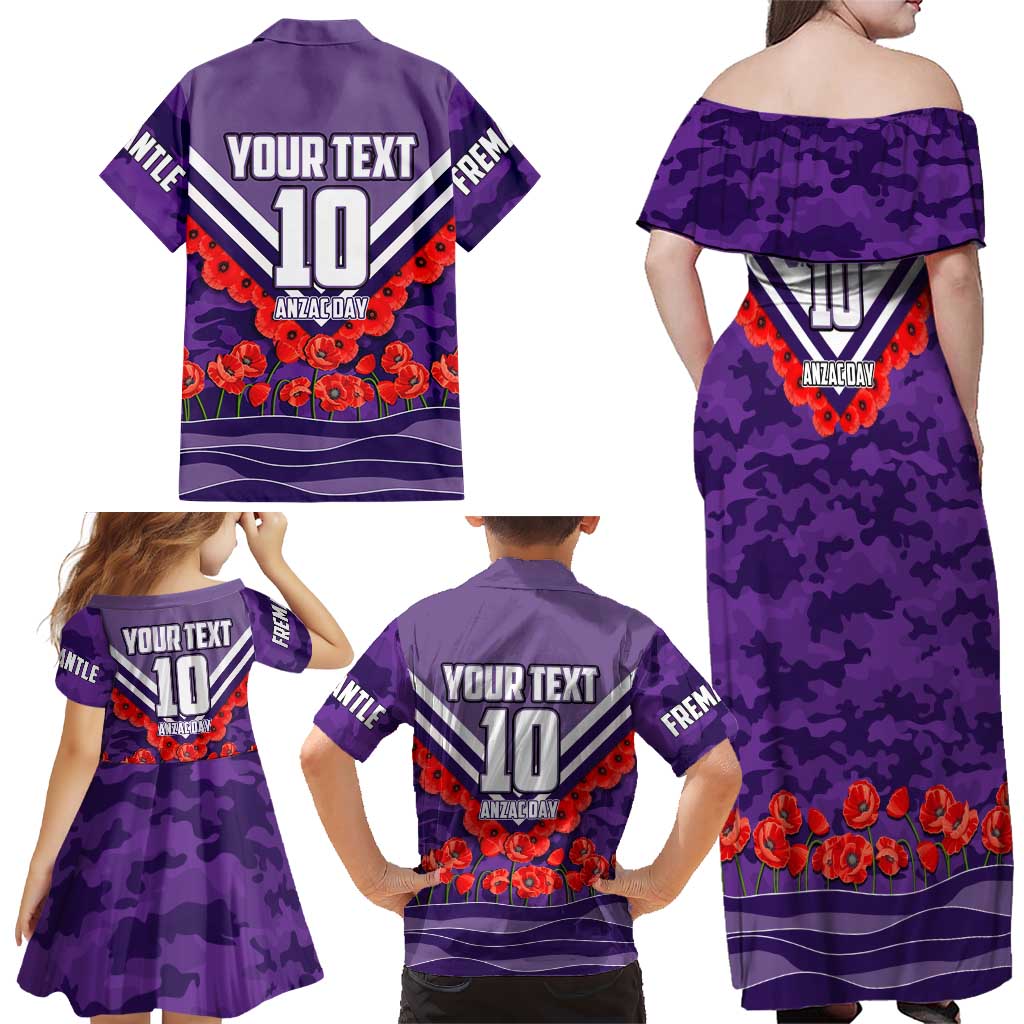 Personalised Fremantle Dockers ANZAC Family Matching Off Shoulder Maxi Dress and Hawaiian Shirt Military Remembrance Australian Football Mascot Camouflage