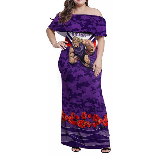 Personalised Fremantle Dockers ANZAC Family Matching Off Shoulder Maxi Dress and Hawaiian Shirt Military Remembrance Australian Football Mascot Camouflage