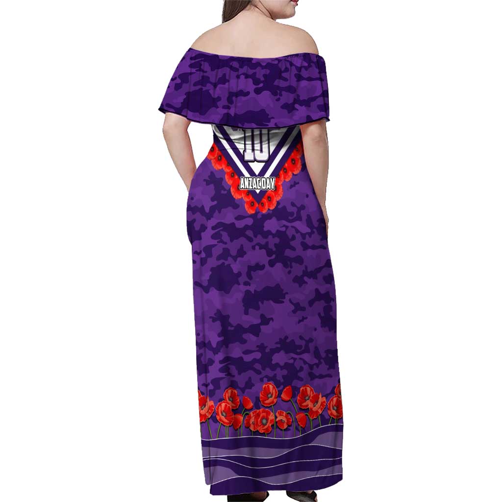 Personalised Fremantle Dockers ANZAC Family Matching Off Shoulder Maxi Dress and Hawaiian Shirt Military Remembrance Australian Football Mascot Camouflage