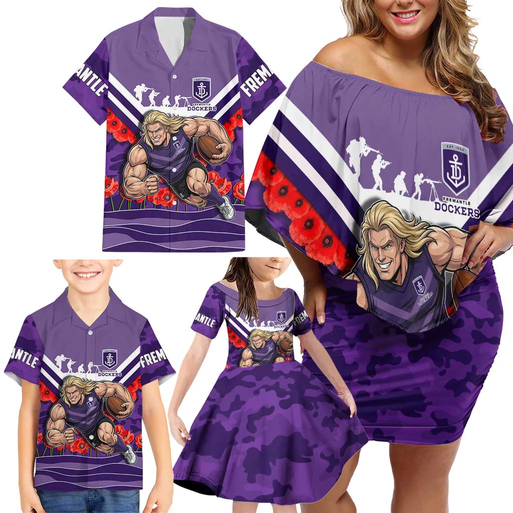 Personalised Fremantle Dockers ANZAC Family Matching Off Shoulder Short Dress and Hawaiian Shirt Military Remembrance Australian Football Mascot Camouflage