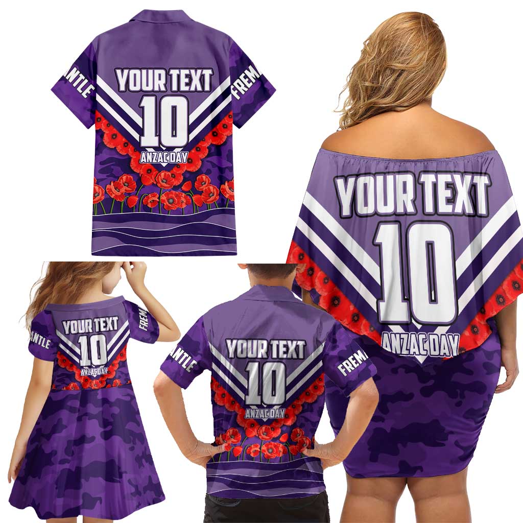 Personalised Fremantle Dockers ANZAC Family Matching Off Shoulder Short Dress and Hawaiian Shirt Military Remembrance Australian Football Mascot Camouflage