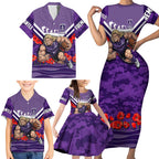 Personalised Fremantle Dockers ANZAC Family Matching Short Sleeve Bodycon Dress and Hawaiian Shirt Military Remembrance Australian Football Mascot Camouflage