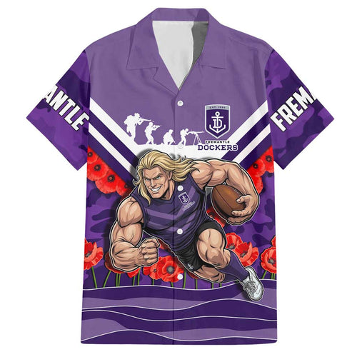 Personalised Fremantle Dockers ANZAC Hawaiian Shirt Military Remembrance Australian Football Mascot Camouflage