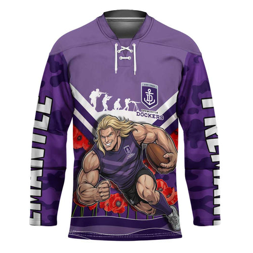 Personalised Fremantle Dockers ANZAC Hockey Jersey Military Remembrance Australian Football Mascot Camouflage