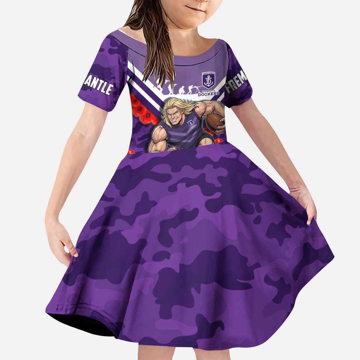 Personalised Fremantle Dockers ANZAC Kid Short Sleeve Dress Military Remembrance Australian Football Mascot Camouflage