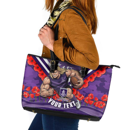 Personalised Fremantle Dockers ANZAC Leather Tote Bag Military Remembrance Australian Football Mascot Camouflage