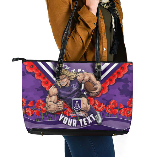 Personalised Fremantle Dockers ANZAC Leather Tote Bag Military Remembrance Australian Football Mascot Camouflage