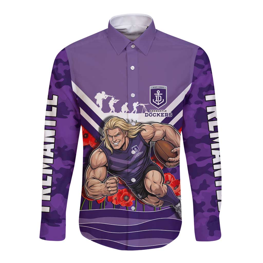 Personalised Fremantle Dockers ANZAC Long Sleeve Button Shirt Military Remembrance Australian Football Mascot Camouflage