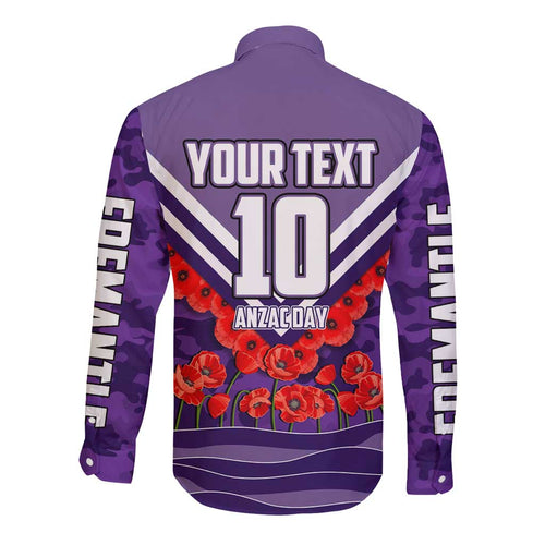 Personalised Fremantle Dockers ANZAC Long Sleeve Button Shirt Military Remembrance Australian Football Mascot Camouflage