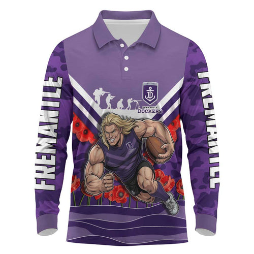 Personalised Fremantle Dockers ANZAC Long Sleeve Polo Shirt Military Remembrance Australian Football Mascot Camouflage