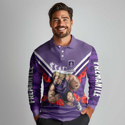 Personalised Fremantle Dockers ANZAC Long Sleeve Polo Shirt Military Remembrance Australian Football Mascot Camouflage