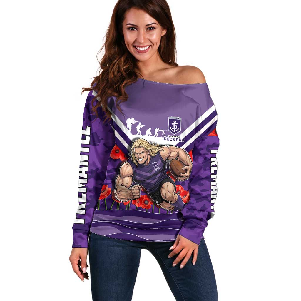 Personalised Fremantle Dockers ANZAC Off Shoulder Sweater Military Remembrance Australian Football Mascot Camouflage