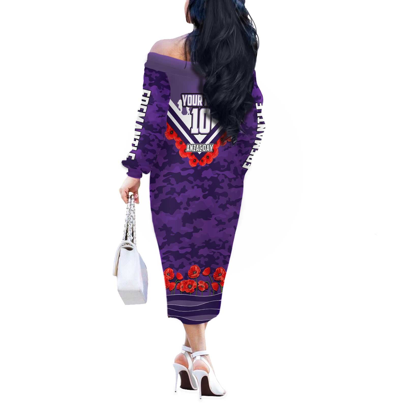 Personalised Fremantle Dockers ANZAC Off The Shoulder Long Sleeve Dress Military Remembrance Australian Football Mascot Camouflage