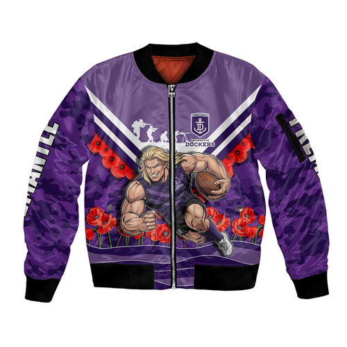 Personalised Fremantle Dockers ANZAC Sleeve Zip Bomber Jacket Military Remembrance Australian Football Mascot Camouflage