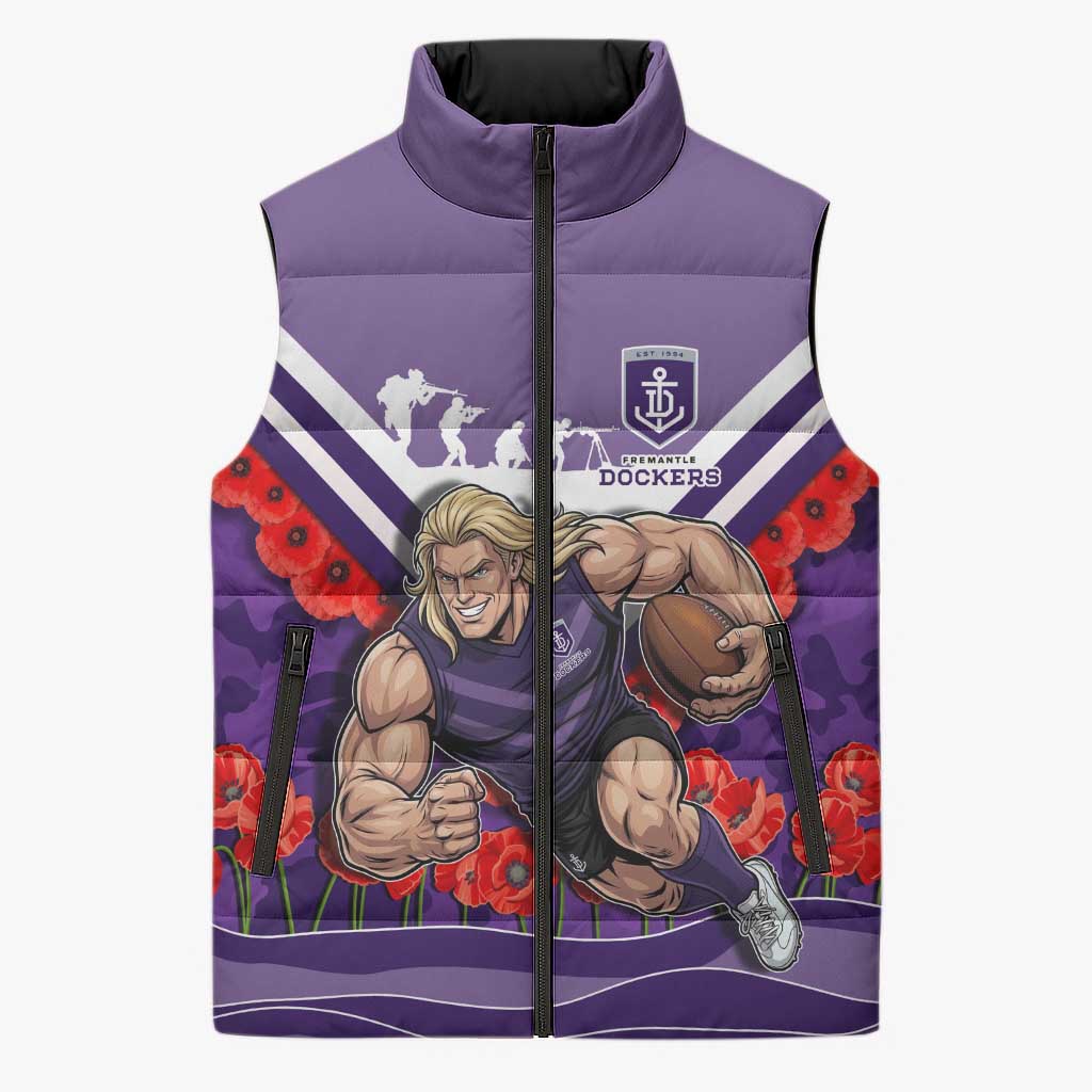Personalised Fremantle Dockers ANZAC Sleeveless Puffer Jacket Military Remembrance Australian Football Mascot Camouflage