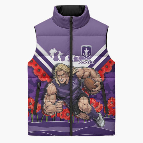 Personalised Fremantle Dockers ANZAC Sleeveless Puffer Jacket Military Remembrance Australian Football Mascot Camouflage
