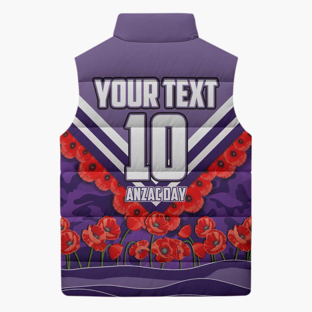 Personalised Fremantle Dockers ANZAC Sleeveless Puffer Jacket Military Remembrance Australian Football Mascot Camouflage