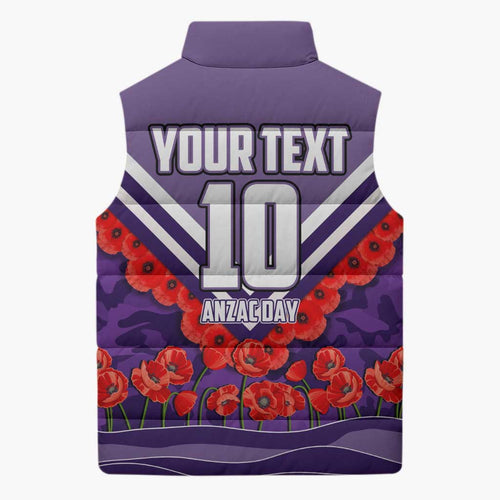 Personalised Fremantle Dockers ANZAC Sleeveless Puffer Jacket Military Remembrance Australian Football Mascot Camouflage