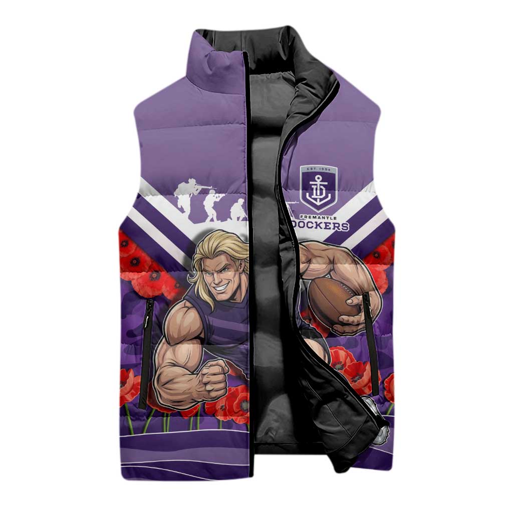 Personalised Fremantle Dockers ANZAC Sleeveless Puffer Jacket Military Remembrance Australian Football Mascot Camouflage