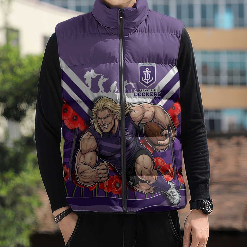 Personalised Fremantle Dockers ANZAC Sleeveless Puffer Jacket Military Remembrance Australian Football Mascot Camouflage