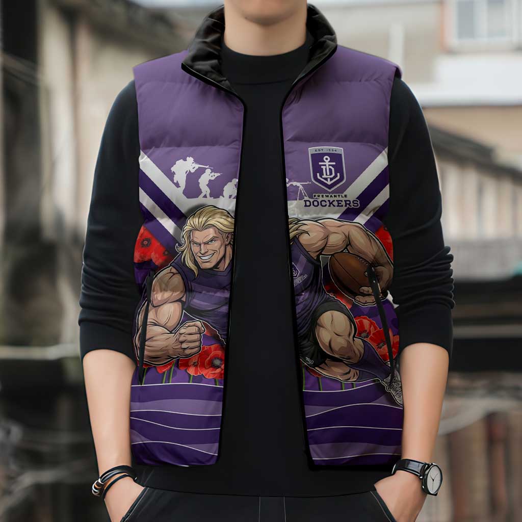 Personalised Fremantle Dockers ANZAC Sleeveless Puffer Jacket Military Remembrance Australian Football Mascot Camouflage