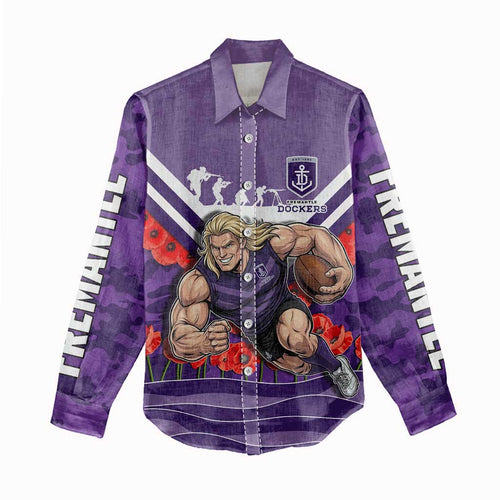 Personalised Fremantle Dockers ANZAC Women Casual Shirt Military Remembrance Australian Football Mascot Camouflage