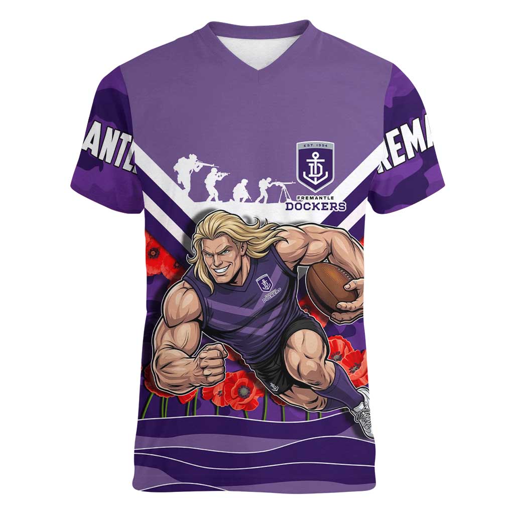 Personalised Fremantle Dockers ANZAC Women V-Neck T-Shirt Military Remembrance Australian Football Mascot Camouflage