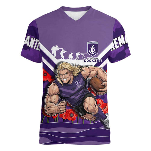 Personalised Fremantle Dockers ANZAC Women V-Neck T-Shirt Military Remembrance Australian Football Mascot Camouflage