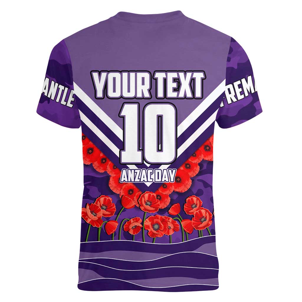 Personalised Fremantle Dockers ANZAC Women V-Neck T-Shirt Military Remembrance Australian Football Mascot Camouflage