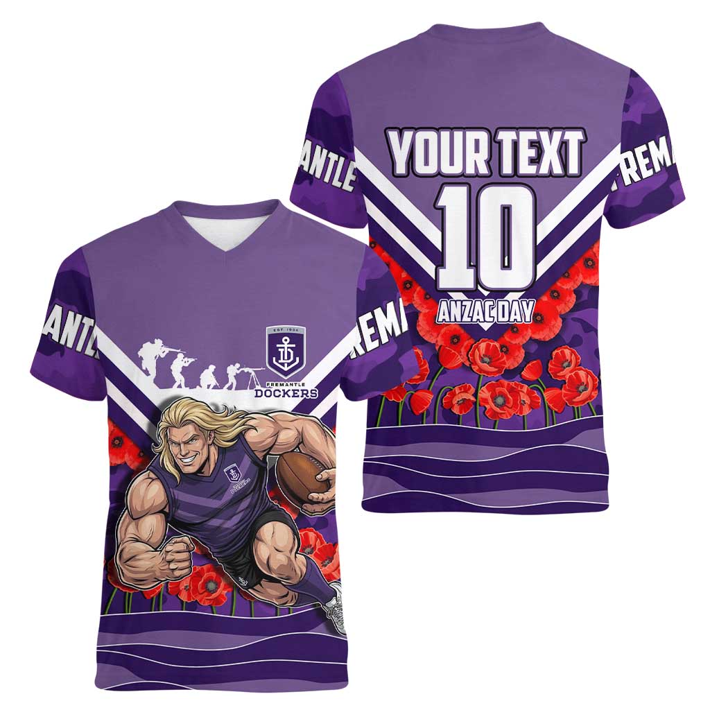 Personalised Fremantle Dockers ANZAC Women V-Neck T-Shirt Military Remembrance Australian Football Mascot Camouflage