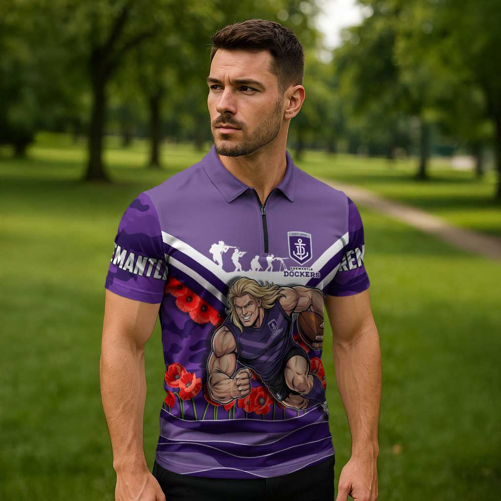 Personalised Fremantle Dockers ANZAC Zipper Polo Shirt Military Remembrance Australian Football Mascot Camouflage