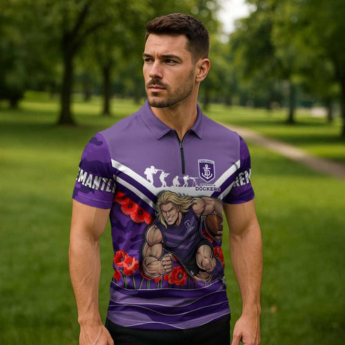 Personalised Fremantle Dockers ANZAC Zipper Polo Shirt Military Remembrance Australian Football Mascot Camouflage