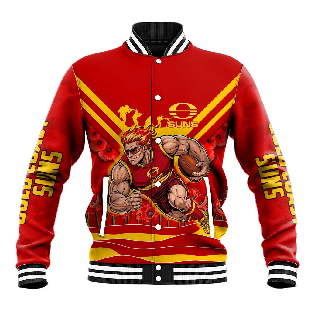 Personalised Gold Coast Suns ANZAC Baseball Jacket Military Remembrance Australian Football Mascot Camouflage