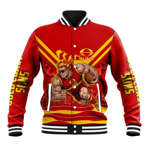 Personalised Gold Coast Suns ANZAC Baseball Jacket Military Remembrance Australian Football Mascot Camouflage