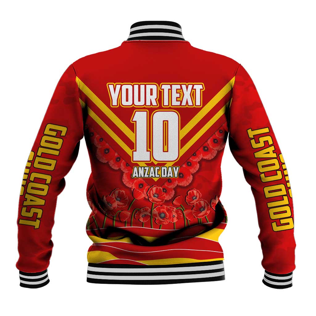 Personalised Gold Coast Suns ANZAC Baseball Jacket Military Remembrance Australian Football Mascot Camouflage