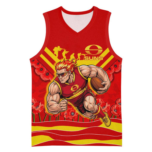 Personalised Gold Coast Suns ANZAC Basketball Jersey Military Remembrance Australian Football Mascot Camouflage