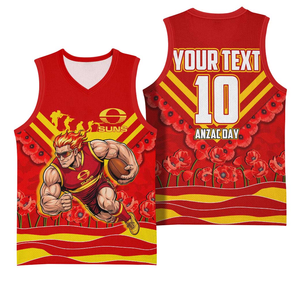 Personalised Gold Coast Suns ANZAC Basketball Jersey Military Remembrance Australian Football Mascot Camouflage