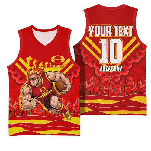 Personalised Gold Coast Suns ANZAC Basketball Jersey Military Remembrance Australian Football Mascot Camouflage