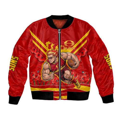 Personalised Gold Coast Suns ANZAC Bomber Jacket Military Remembrance Australian Football Mascot Camouflage