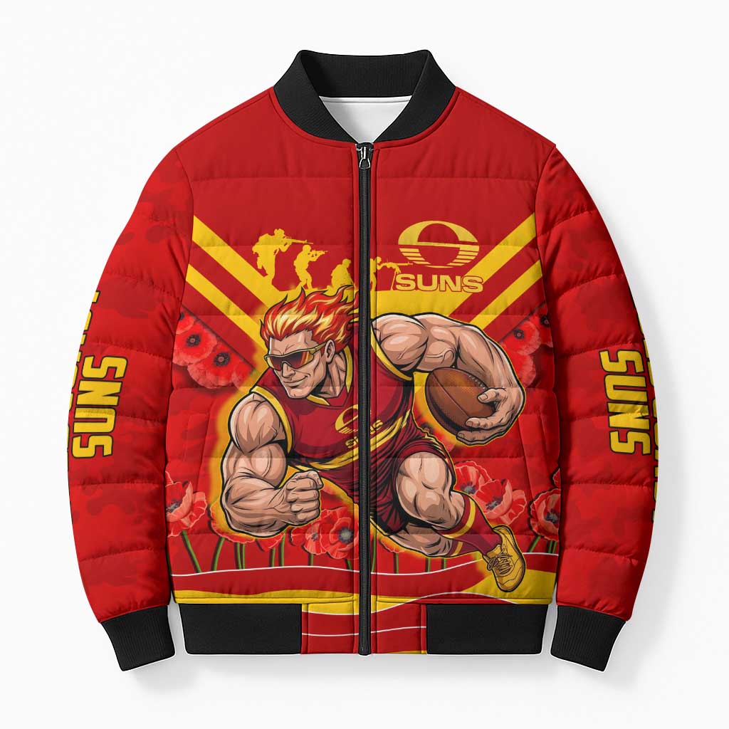 Personalised Gold Coast Suns ANZAC Bomber Puffer Jacket Military Remembrance Australian Football Mascot Camouflage