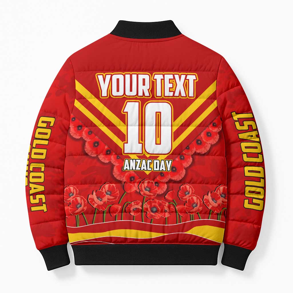 Personalised Gold Coast Suns ANZAC Bomber Puffer Jacket Military Remembrance Australian Football Mascot Camouflage