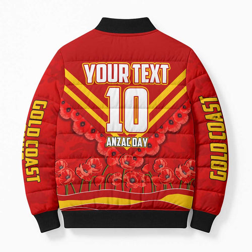 Personalised Gold Coast Suns ANZAC Bomber Puffer Jacket Military Remembrance Australian Football Mascot Camouflage