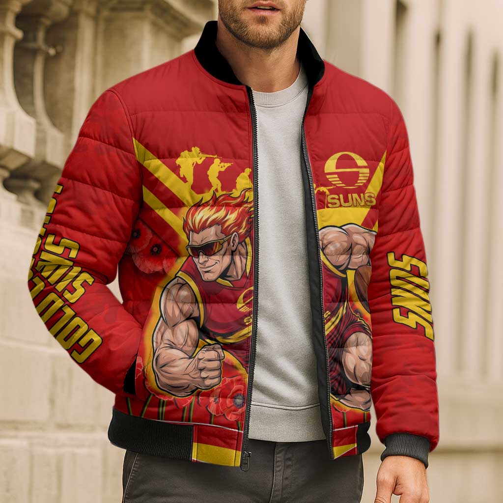 Personalised Gold Coast Suns ANZAC Bomber Puffer Jacket Military Remembrance Australian Football Mascot Camouflage